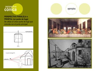 PERSPECTIVA PARALELA o
FRONTAL (un punto de fuga)
Se utiliza un único punto de fuga que
coincide con el punto principal
cónica
perspectiva
ejemplos
 