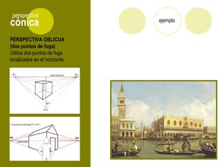 PERSPECTIVA OBLICUA
(dos puntos de fuga)
Utiliza dos puntos de fuga
localizados en el horizonte.
cónica
perspectiva
ejemplo
 