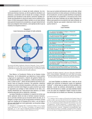 14
A b r i l - J u n i o 2 0 1 5 V I S I Ó N C R I M I N O L Ó G I C A - C R I M I N A L Í S T I C A
La preocupación por el rescate del medio ambiente, fue inmi-
nente para diversas naciones, por ello los gobiernos decidieron unir
esfuerzos y proclamarse ante el rescate de la ecología y formular
protocolos que rescataran la vida natural y sancionar aquellas con-
ductas que perjudicaran la vida de los seres vivos en especial la hu-
mana, en dicha preocupación México también se unió para reforzar
esta ayuda del rescate de los ecosistemas y de igual manera formuló
leyes que protegieran dicho derecho, como ejemplo de ello lo que se
muestra en el esquema número 3.
Esquema 3
Leyes mexicanas que protegen el medio ambiente
Para México, la Constitución Política de los Estados Unidos
Mexicanos, “es el ordenamiento que determina el marco político
y legal para la organización y relación del gobierno federal con
los Estados de México, los ciudadanos, y todas las personas que
viven o visitan el país”10
, dentro de ésta podemos encontrar la pro-
tección hacia los derechos humanos y las garantías, soberanía
nacional, así como la división de poderes, entre otros, y es por ello
que dentro de dicha Carta Magna se puede encontrar que existe
un argumento que protege al medio ambiente al ser clara y es-
pecífica refiriéndose que -toda persona tiene derecho a un medio
ambiente adecuado para su desarrollo y bienestar-.
Las leyes Federales se consideran un conjunto de normas que
tienen aplicación dentro de todo el territorio nacional mexicano,
por lo cual todo individuo que se encuentre dentro de este, se ve
obligado a cumplir cada uno de los argumentos normativos. Dichas
leyes son creadas por el Congreso de la Unión, y es con base a
ello que cada Estado así como gobernador, se encuentran obliga-
10
Wikipedia La enciclopedia libre ‘Constitución Política de los Estados
Unidos Mexicanos de 1917’. [En línea]. [Consultado: 2 de agosto de 2012].
Disponible en la web: http://es.wikipedia.org/wiki/Constituci%C3%B3n_
Pol%C3%ADtica_de_los_Estados_Unidos_Mexicanos_de_1917
dos a que se cumplan estrictamente cada una de ellas, dichas
leyes se encuentran en orden jerárquico normativo por debajo
de la Constitución, con ello se puede identificar la importancia
que éstas tienen en el desarrollo y convivencia social. Entre
algunas de las leyes Federales que se hallan dispuestas en
México para garantía de la protección del medio ambiente, se
encuentran algunas que pueden observarse dentro del es-
quema número 4.
Esquema 4
Leyes federales
Las Leyes Estatales se entienden como “cada uno de los
estados que conforman la federación cuenta con legislación
“antitrust”11
y dichas leyes se aplican de forma paralela a las
federales, cuando las prácticas anticompetitivas se realizan
dentro del mercado de un estado. Las leyes estatales tienden
a ser una copia de la legislación Federal. Aunque los térmi-
nos de las leyes de los estados son diferentes, los propósitos
11
El –Antitrust- tiene su origen en el Derecho de los Estados Unidos. El
nombre se debe a que esta rama del Derecho fue creada para combatir
los -trust- de comercio. Posteriormente, otros países adoptaron el –Anti-
trust- en su ordenamiento jurídico utilizando otros términos como -leyes
de competencia-, -de libre competencia- o –antimonopolios-. En la ac-
tualidad, la mayor parte de los países industrializados y algunos países en
desarrollo tiene leyes –Antitrust-. Wikipedia La enciclopedia libre. ‘legis-
lación Antitrust’. [En línea]. [Consultado: 2 de agosto de 2012]. Disponi-
ble en la web: http://es.wikipedia.org/wiki/Derecho_de_la_competencia
Leyes
Federales
Normas
Mexicanas
constitución
Política de
los estados
Unidos
Mexicanos.
Leyes
Estatales
Normas
Oficales
Mexicanas
Secretaría del Medio Ambiente y Recursos Naturales. ‘Leyes y normas’.
Disponible en la web: http://www.semarnat.gob.mx/Pages/Inicio.aspx,
se presenta un esquema que muestra las leyes que se encuentran a favor
de la protección del medio ambiente.
Ley General del Equilibrio Ecológico y Protección
al Ambiente. ACD 000821
Ley General del Equilibrio Ecológico y la Protección
al Medio Ambiente. ACD 000820
Ley General de Vida Silvestre. ACD 000824
Ley General de Desarrollo Forestal Sustentable.
ACD 000823
Ley Federal de Acuacultura Sustentables.
Decreto por el cual se expide la Ley General de
Cambio Climático. DO 2868
Ley General de Asentamientos Humanos
(Recurso electrónico) DO 2491
Ley Federal de Derechos (Recurso electrónico).
Ley de Bioseguridad de organismos Genéticamente
Modificados. ACD 000825
Ley General del Equilibrio Ecológico y la Protección
al Ambiente / Delitos Ambientales (Recurso Electrónico)
KGF 3421L491997
Ley General del Equilibrio Ecológico y la Protección
al Ambiente (Recurso Electrónico) KGF 3421L491988
Secretaría del Medio Ambiente y Recursos Naturales (SEMARN-
ART). ‘Leyes Federales’. Disponible en la web: http://www.semar-
nat.gob.mx/Pages/Inicio.aspx. Se presenta un esquema que contiene
los ordenamientos federales en protección del medio ambiente..
 