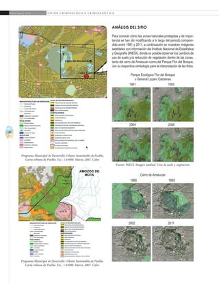 42
A b r i l - J u n i o 2 0 1 5 V I S I Ó N C R I M I N O L Ó G I C A - C R I M I N A L Í S T I C A
Análisis del sitio
Para conocer cómo las zonas naturales protegidas y de impor-
tancia se han ido modificando a lo largo del periodo compren-
dido entre 1981 y 2011, a continuación se muestran imágenes
satelitales con información del Instituto Nacional de Estadística
y Geografía (INEGI), donde es posible observar los cambios de
uso de suelo y la reducción de vegetación dentro de las zonas,
tanto del cerro de Amalucan como del Parque Flor del Bosque,
con su respectiva simbología para la interpretación de las fotos.
Programa Municipal de Desarrollo Urbano Sustentable de Puebla.
Carta urbana de Puebla. Esc.: 1:45000. Marzo, 2007. Color.
Programa Municipal de Desarrollo Urbano Sustentable de Puebla.
Carta urbana de Puebla. Esc.: 1:45000. Marzo, 2007. Color.
Fuente: INEGI. Imagen satelital. Usos de suelo y vegetación.
1981
2004 2008
1993
Parque Ecológico Flor del Bosque
o General Lázaro Cárdenas
1985
2002 2011
1993
Cerro de Amalucan
 