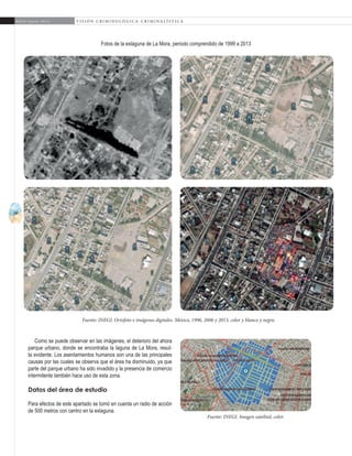 50
A b r i l - J u n i o 2 0 1 5 V I S I Ó N C R I M I N O L Ó G I C A - C R I M I N A L Í S T I C A
Como se puede observar en las imágenes, el deterioro del ahora
parque urbano, donde se encontraba la laguna de La Mora, resul-
ta evidente. Los asentamientos humanos son una de las principales
causas por las cuales se observa que el área ha disminuido, ya que
parte del parque urbano ha sido invadido y la presencia de comercio
intermitente también hace uso de esta zona.
Datos del área de estudio
Para efectos de este apartado se tomó en cuenta un radio de acción
de 500 metros con centro en la exlaguna.
Fuente: INEGI. Ortofoto e imágenes digitales. México, 1996, 2006 y 2013, color y blanco y negro.
Fuente: INEGI. Imagen satelital, color.
Fotos de la exlaguna de La Mora, periodo comprendido de 1999 a 2013
 