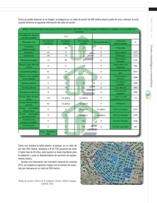 51
ABRIL-JUNIO2015Visióncriminológica-criminalística
Como nos muestra la tabla anterior, el parque, en un radio de
tan sólo 500 metros, abastece a 8 mil 736 personas de entre
0 hasta más de 60 años, esto supone un área importante para
la población y para el abastecimiento de servicios de equipa-
miento urbano.
Acorde a la información del inventario nacional de vivienda
2012, se muestra la siguiente imagen con el número de vivien-
das por manzana en un radio de 500 metros.
Radio de acción a 500 m de la exlaguna. Fuente: INEGI. Imagen
satelital, color.
Como se puede observar en la imagen, la exlaguna en un radio de acción de 500 metros abarca parte de cinco colonias. A conti-
nuación tenemos la siguiente información del radio de acción:
 