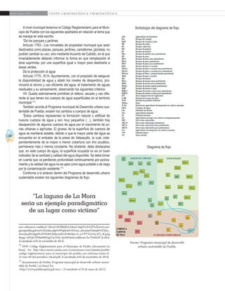54
A b r i l - J u n i o 2 0 1 5 V I S I Ó N C R I M I N O L Ó G I C A - C R I M I N A L Í S T I C A
Simbología del diagrama de flujo
Diagrama de flujo
A nivel municipal tenemos el Código Reglamentario para el Muni-
cipio de Puebla con los siguientes apartados en relación al tema que
se maneja en este escrito:
“De los parques y jardines
Artículo 1763.- Los inmuebles de propiedad municipal que sean
destinados como plazas, parques, jardines, camellones, glorietas, no
podrán cambiar su uso, sino mediante Acuerdo de Cabildo, en el que
invariablemente deberán informar la forma en que remplazarán el
área suprimida, por una superficie igual o mayor para destinarla a
áreas verdes.
De la protección al agua
Artículo 1775.- El H. Ayuntamiento, con el propósito de asegurar
la disponibilidad de agua y abatir los niveles de desperdicio, pro-
moverá el ahorro y uso eficiente del agua, el tratamiento de aguas
residuales y su saneamiento, observando los siguientes criterios:
VII. Queda estrictamente prohibido el relleno, secado y uso dife-
rente al que tienen los cuerpos de agua superficiales en el territorio
municipal.”12
También acorde al Programa municipal de Desarrollo urbano sus-
tentable de Puebla, existen los cambios a cuerpos de agua.
“Estos cambios representan la formación natural o artificial de
nuevos cuerpos de agua y son muy pequeños (…), también hay
desaparición de algunos cuerpos de agua por el crecimiento de zo-
nas urbanas o agrícolas. El grueso de la superficie de cuerpos de
agua se mantiene estable, debido a que la mayor parte del agua se
encuentra en el embalse de la presa de Valsequillo, la cual, inde-
pendientemente de la mayor o menor cobertura con lirio acuático,
permanece más o menos constante. No obstante, debe destacarse
que, en este cuerpo de agua, la superficie ocupada no es un buen
indicador de la cantidad y calidad del agua disponible. Se debe tomar
en cuenta que va perdiendo profundidad continuamente por azolva-
miento y la calidad del agua no es apta como agua potable o de riego
por la contaminación existente.”13
Conforme a lo anterior dentro del Programa de desarrollo urbano
sustentable existen los siguientes diagramas de flujo.
esrc=s&source=web&cd=1&ved=0CB0QFjAA&url=http%3A%2F%2Fwww.con-
gresopuebla.gob.mx%2Findex.php%3Foption%3Dcom_docman%26task%3Ddoc_
download%26gid%3D5928%26Itemid%3D485&ei=8_tcVPT7OcOsyATl_4CgAg
&usg=AFQjCNH9ob0HAgY4yTPaL-kyrh924xtLsA&bvm=bv.79184187,d.aWw.
[Consultado el 02 de noviembre de 2014].
12
DOF: Código Reglamentario para el Municipio de Puebla [documento en
línea]. En: http://docs.mexico.justia.com.s3.amazonaws.com/estatales/puebla/
codigo-reglamentario-para-el-municipio-de-puebla-con-reformas-hasta-el-
25-may-09-del-periodico-oficial.pdf. [Consultado el 02 de noviembre de 2014].
13
Ayuntamiento de Puebla. Programa municipal de desarrollo urbano susten-
table de Puebla [ en línea] En:
<http://www.pueblacapital.gob.mx/>. [Consultado el 29 de mayo de 2013].
Fuente: Programa municipal de desarrollo
urbano sustentable de Puebla.
“La laguna de La Mora
sería un ejemplo paradigmático
de un lugar como víctima”
 