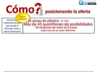 Esto es
                                            Contenido
   Generando
contenido técnico
                                                                       26 piezas de plástico                                                                               Un cubo

  que ayude al                                             Más de 43 quintillones de posibilidades
 mercado meta a                                                                                54 etiquetas de color en 6 caras
tomar decisiones                                                                                                Cada cara de un color diferente




@EraSocial. Todos los derechos reservados. El material contenido en este documento tiene información confidencial que pertenece a Era Social, no podrá ser utilizada, fotocopiada, duplicada o revelada para cualquier propósito diferente a los indicados por los involucrados.
 