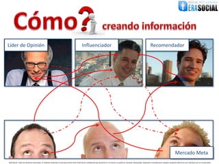 Líder de Opinión                                                                                  Influenciador                                                                               Recomendador




                                                                                                                                                                                                                               Mercado Meta
@EraSocial. Todos los derechos reservados. El material contenido en este documento tiene información confidencial que pertenece a Era Social, no podrá ser utilizada, fotocopiada, duplicada o revelada para cualquier propósito diferente a los indicados por los involucrados.
 