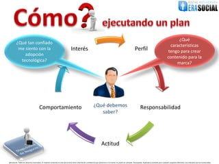 ¿Qué
         ¿Qué tan confiado
                                                                                                                                                                                                                      características
          me siento con la                                                         Interés                                                                               Perfil                                      tengo para crear
             adopción
                                                                                                                                                                                                                     contenido para la
           tecnológica?
                                                                                                                                                                                                                          marca?




                                        Comportamiento                                                           ¿Qué debemos                                                   Responsabilidad
                                                                                                                    saber?




                                                                                                                            Actitud

@EraSocial. Todos los derechos reservados. El material contenido en este documento tiene información confidencial que pertenece a Era Social, no podrá ser utilizada, fotocopiada, duplicada o revelada para cualquier propósito diferente a los indicados por los involucrados.
 