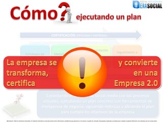 Conectando el proceso de social media con los procesos
                                                               actuales, ejecutando un plan concreto con herramientas de
                                                              inteligencia de negocio, siguiendo métricas y afinando el plan
                                                                         para cumpla los objetivos de la empresa
@EraSocial. Todos los derechos reservados. El material contenido en este documento tiene información confidencial que pertenece a Era Social, no podrá ser utilizada, fotocopiada, duplicada o revelada para cualquier propósito diferente a los indicados por los involucrados.
 