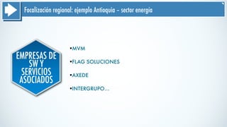 Focalización regional: ejemplo Antioquia – sector energía
EMPRESAS DE
SW Y
SERVICIOS
ASOCIADOS
§MVM
§FLAG SOLUCIONES
§AXEDE
§INTERGRUPO…
 