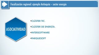 Focalización regional: ejemplo Antioquia – sector energía
ASOCIATIVIDAD
§CLÚSTER TIC.
§CLÚSTER DE ENERGÍA.
§INTERSOFTWARE
§PARQUESOFT
 