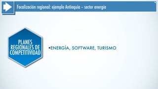 Focalización regional: ejemplo Antioquia – sector energía
PLANES
REGIONALES DE
COMPETITIVIDAD
§ENERGÍA, SOFTWARE, TURISMO
 