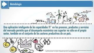 Metodología
Una aplicación inteligente de las capacidades TI* en los procesos, productos y servicios
del mercado permite que el desempeño económico sea superior no sólo en el propio
sector, también en el conjunto de los sectores productivos de un país.
(*)	
  “SMART	
  SPECIALIZATION,	
  REGIONAL	
  GROWTH	
  AND	
  APPLICATIONS	
  TO	
  EU	
  COHESION	
  POLICY”.	
  PHILIP	
  MCCANN	
  AND	
  RAQUEL	
  ORTEGA-­‐ARGILÉS.	
  
“SMART	
  SPECIALIZATION	
  –	
  THE	
  CONCEPT”.	
  DOMINIQUE	
  FORAY,	
  PAUL	
  A.	
  DAVID	
  AND	
  BRONWYN	
  HALL
 