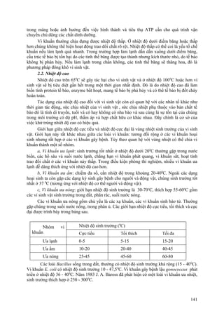 trong màng hoặc ảnh hưởng đến việc hình thành và tiêu thụ ATP cần cho quá trình vận
chuyển chủ động các chất dinh dưỡng.
Vi khuẩn thường chịu đựng được nhiệt độ thấp. Ở nhiệt độ dưới điểm băng hoặc thấp
hơn chúng không thể hiện hoạt động trao đổi chất rõ rệt. Nhiệt độ thấp có thể coi là yếu tố chế
khuẩn nếu làm lạnh quá nhanh. Trong trường hợp làm lạnh dần dần xuống dưới điểm băng,
cấu trúc tế bào bị tổn hại do các tinh thể băng được tạo thành nhưng kích thước nhỏ, do tế bào
không bị phân hủy. Nếu làm lạnh trong chân không, các tinh thể băng sẽ thăng hoa, đó là
phương pháp đông khô vi sinh vật.
2.2. Nhiệt độ cao
Nhiệt độ cao trên 650
C sẽ gây tác hại cho vi sinh vật và ở nhiệt độ 1000
C hoặc hơn vi
sinh vật sẽ bị tiêu diệt gần hết trong một thời gian nhất định. Đó là do nhiệt độ cao đã làm
biến tính protein tế bào, enzyme bất hoạt, mang tế bào bị phá hủy và có thể tế bào bị đốt cháy
hoàn toàn.
Tác dụng của nhiệt độ cao đối với vi sinh vật còn có quan hệ với các nhân tố khác như
thời gian tác động, sức chịu nhiệt của vi sinh vật , sức chịu nhiệt phụ thuộc vào bản chất tế
bào đó là tính di truyền, tuổi và có hay không có nha bào và sau cùng là sự tồn tại của chúng
trong môi trường có độ pH, thẩm áp và hợp chất hữu cơ khác nhau. Đây chính là cơ sở của
việc khử trùng nhiêt độ cao có hiệu quả.
Giới hạn giữa nhiệt độ cực tiểu và nhiệt độ cực đại là vùng nhiệt sinh trưởng của vi sinh
vật. Giới hạn này rất khác nhau giữa các loài vi khuẩn: tương đối rộng ở các vi khuẩn hoại
sinh nhưng rất hẹp ở các vi khuẩn gây bệnh. Tùy theo quan hệ với vùng nhiệt có thể chia vi
khuẩn thành một số nhóm.
a, Vi khuẩn ưa lạnh: sinh trưởng tốt nhất ở nhiệt độ dưới 200
C thường gặp trong nước
biển, các hồ sâu và suối nước lạnh, chẳng hạn vi khuẩn phát quang, vi khuẩn sắt, hoạt tính
trao đổi chất ở các vi khuẩn này thấp. Trong điều kiện phòng thí nghiệm, nhiều vi khuẩn ưa
lạnh dễ dàng thích ứng với nhiệt độ cao hơn.
b, Vi khuẩn ưa ấm: chiếm đa số, cần nhiệt độ trong khoảng 20-400
C. Ngoài các dạng
hoại sinh ta còn gặp các dạng ký sinh gây bệnh cho người và động vật, chúng sinh trưởng tốt
nhất ở 37 0
C (tương ứng với nhiệt độ cơ thể người và động vật).
c, Vi khuẩn ưa nóng: giới hạn nhiệt độ sinh trưởng là 30-70o
C, thích hợp 55-60o
C gồm
các vi sinh vật sinh trưởng trong đất, phân rác, suối nước nóng.
Các vi khuẩn ưa nóng gồm chủ yếu là các xạ khuẩn, các vi khuẩn sinh bào tử. Thường
gặp chúng trong suối nước nống, trong phân ủ. Các giới hạn nhiệt độ cực tiểu, tối thích và cực
đại được trình bày trong bảng sau.
Nhóm vi
khuẩn
Nhiệt độ sinh trưởng (0
C)
Cực tiểu Tối thích Tối đa
Ưa lạnh 0-5 5-15 15-20
Ưa ấm 10-20 20-40 40-45
Ưa nóng 25-45 45-60 60-80
Các loài Bacillus sống trong đất, thường có nhiệt độ sinh trưởng khá rộng (15 - 400
C).
Vi khuẩn E. coli có nhiệt độ sinh trưởng 10 - 47,50
C. Vi khuẩn gây bệnh lậu gonococcus phát
triển ở nhiệt độ 36 - 400
C. Năm 1983 J. A. Baross đã phát hiện có một loài vi khuẩn ưa nhiệt,
sinh trưởng thích hợp ở 250 - 3000
C.
141
 
