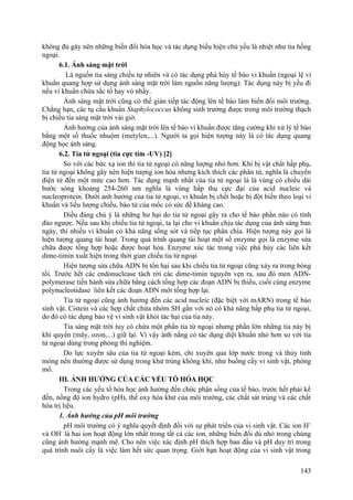 không đủ gây nên những biến đổi hóa học và tác dụng biểu hiện chủ yếu là nhiệt như tia hồng
ngoại.
6.1. Ánh sáng mặt trời
Là nguồn tia sáng chiếu tự nhiên và có tác dụng phá hủy tế bào vi khuẩn (ngoại lệ vi
khuẩn quang hợp sử dụng ánh sáng mặt trời làm nguồn năng lượng). Tác dụng này bị yếu đi
nếu vi khuẩn chứa sắc tố hay vỏ nhầy.
Ánh sáng mặt trời cũng có thể gián tiếp tác động lên tế bào làm biến đổi môi trường.
Chẳng hạn, các tụ cầu khuẩn Staphylococcus không sinh trưởng được trong môi trường thạch
bị chiếu tia sáng mặt trời vài giờ.
Ảnh hưởng của ánh sáng mặt trời lên tế bào vi khuẩn được tăng cường khi xử lý tế bào
bằng một số thuốc nhuộm (metylen,...). Người ta gọi hiện tượng này là có tác dụng quang
động học ánh sáng.
6.2. Tia tử ngoại (tia cực tím -UV) [2]
So với các bức xạ ion thì tia tử ngoại có năng lượng nhỏ hơn. Khi bị vật chất hấp phụ,
tia tử ngoại không gây nên hiện tượng ion hóa nhưng kích thích các phân tử, nghĩa là chuyển
điện tử đến một mức cao hơn. Tác dụng mạnh nhất của tia tử ngoại là là vùng có chiều dài
bước sóng khoảng 254-260 nm nghĩa là vùng hấp thụ cực đại của acid nucleic và
nucleoprotein. Dưới ảnh hưởng của tia tử ngoại, vi khuẩn bị chết hoặc bị đột biến theo loại vi
khuẩn và liều lượng chiếu, bào tử của mốc có sức đề kháng cao.
Điều đáng chú ý là những hư hại do tia tử ngoại gây ra cho tế bào phần nào có tính
đảo ngược. Nếu sau khi chiếu tia tử ngoại, ta lại cho vi khuẩn chịu tác dụng của ánh sáng ban
ngày, thì nhiều vi khuẩn có khả năng sống sót và tiếp tục phân chia. Hiện tượng này gọi là
hiện tượng quang tái hoạt. Trong quá trình quang tái hoạt một số enzyme gọi là enzyme sửa
chữa được tổng hợp hoặc được hoạt hóa. Enzyme xúc tác trong việc phá hủy các liên kết
dime-timin xuất hiện trong thời gian chiếu tia tử ngoại
Hiện tượng sửa chữa ADN bị tổn hại sau khi chiếu tia tử ngoại cũng xảy ra trong bóng
tối. Trước hết các endonuclease tách rời các dime-timin nguyên vẹn ra, sau đó men ADN-
polymerase tiến hành sửa chữa bằng cách tổng hợp các đoạn ADN bị thiếu, cuối cùng enzyme
polynucleotidase liên kết các đoạn ADN mới tổng hợp lại.
Tia tử ngoại cũng ảnh hưởng đến các acid nucleic (đặc biệt với mARN) trong tế bào
sinh vật. Cistein và các hợp chất chứa nhóm SH gần với nó có khả năng hấp phụ tia tử ngoại,
do đó có tác dụng bảo vệ vi sinh vật khỏi tác hại của tia này.
Tia sáng mặt trời tuy có chứa một phần tia tử ngoại nhưng phần lớn những tia này bị
khí quyển (mây, ozon,...) giữ lại. Vì vậy ánh nắng có tác dụng diệt khuẩn nhỏ hơn so với tia
tử ngoại dùng trong phòng thí nghiệm.
Do lực xuyên sâu của tia tử ngoại kém, chỉ xuyên qua lớp nước trong và thủy tinh
mỏng nên thường được sử dụng trong khử trùng không khí, như buồng cấy vi sinh vật, phòng
mổ.
III. ẢNH HƯỞNG CỦA CÁC YẾU TỐ HÓA HỌC
Trong các yếu tố hóa học ảnh hưởng đến chức phận sống của tế bào, trước hết phải kể
đến, nồng độ ion hydro (pH), thế oxy hóa khử của môi trường, các chất sát trùng và các chất
hóa trị liệu.
1. Ảnh hưởng của pH môi trường
pH môi trường có ý nghĩa quyết định đối với sự phát triển của vi sinh vật. Các ion H+
và OH-
là hai ion hoạt động lớn nhất trong tất cả các ion, những biến đổi dù nhỏ trong chúng
cũng ảnh hưởng mạnh mẽ. Cho nên việc xác định pH thích hợp ban đầu và pH duy trì trong
quá trình nuôi cấy là việc làm hết sức quan trọng. Giới hạn hoạt động của vi sinh vật trong
143
 