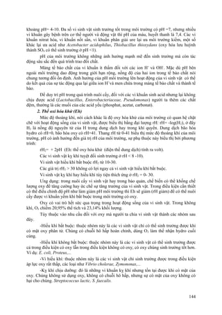khoảng pH= 4-10. Đa số vi sinh vật sinh trưởng tốt trong môi trường có pH =7, nhưng nhiều
vi khuẩn gây bệnh trên cơ thể người và động vật thì pH của máu, huyết thanh là 7,4. Các vi
khuẩn nitrat hóa, vi khuẩn nốt sần, vi khuẩn phân giải ure lại ưa môi trường kiềm, một số
khác lại ưa acid như Acetobacter acidophilus, Thiobacillus thioxydans (oxy hóa lưu huỳnh
thành SO4 có thể sinh trưởng ở pH <1).
pH của môi trường không những ảnh hưởng mạnh mẽ đến sinh trưởng mà còn tác
động sâu sắc đến quá trình trao đổi chất.
Màng tế bào chất của vi khuẩn ít thấm đối với các ion H+
và OH-
. Mặc dù pH bên
ngoài môi trường dao động trong giới hạn rộng, nồng độ của hai ion trong tế bào chất nói
chung tương đối ổn định. Ảnh hưởng của pH môi trường lên hoạt động của vi sinh vật có thể
do kết quả của sự tác động qua lại giữa ion H+
và men chứa trong màng tế bào chất và thành tế
bào.
Để duy trì pH trong quá trình nuôi cấy, đối với các vi khuẩn sinh acid nhưng lại không
chịu được acid (Lactobacillus, Enterobacteriaceae, Pseudomonas) người ta thêm các chất
đệm, thường là các muối của các acid yếu (phosphat, acetat, carbonat).
2. Thế oxi hóa khử (Eh)
Mức độ thoáng khí, nói cách khác là độ oxy hóa khử của môi trường có quan hệ chặt
chẽ với hoạt động sống của vi sinh vật, được biểu thị bằng đại lượng rH: rH= -log(H2), ở đây
H2 là nồng độ nguyên tử của H trong dung dịch hay trong khí quyển. Dung dịch bão hòa
hydro có rH=0, bão hòa oxy có rH=41. Thang rH từ 0-41 biểu thị mức độ thoáng khí của môi
trường, pH có ảnh hưởng đến giá trị rH của môi trường, sự phụ thuộc này biểu thị bởi phương
trình:
rH2= + 2pH (Eh: thế oxy hóa khử (điện thế dung dịch) tính ra volt).
Các vi sinh vật kỵ khí tuyệt đối sinh trưởng ở rH < 8 -10).
Vi sinh vật hiếu khí bắt buộc rH2 từ 10-30.
Các giá trị rH2 > 30 không có lợi ngay cả vi sinh vật hiếu khí bắt buộc.
Vi sinh vật kỵ khí hay hiếu khí tùy tiện thích ứng ở rH2 = 0- 30.
Ưng dụng: trong nuôi cấy vi sinh vật hay trong bảo quản, chế biến có thể khống chế
lượng oxy để tăng cường hay ức chế sự tăng trưởng của vi sinh vật. Trong điều kiện cần thiết
có thể điều chỉnh độ pH như làm giảm pH môi trường thì Eh sẽ giảm (rH giảm) để có thể nuôi
cấy được vi khuẩn yếm khí bắt buộc trong môi trường có oxy.
Oxy có vai trò hết sức qua trọng trong hoạt động sống của vi sinh vật. Trong không
khí, O2 chiếm 20,95% thể tích và 23,14% khối lượng.
Tùy thuộc vào nhu cầu đối với oxy mà người ta chia vi sinh vật thành các nhóm sau
đây.
-Hiếu khí bắt buộc: thuộc nhóm này là các vi sinh vật chỉ có thể sinh trưởng được khi
có mặt oxy phân tử. Chúng có chuỗi hô hấp hoàn chỉnh, dùng O2 làm thể nhận hydro cuối
cùng.
-Hiếu khí không bắt buộc: thuộc nhóm này là các vi sinh vật có thể sinh trưởng được
cả trong điều kiện có oxy lẫn trong điều kiện không có oxy, có oxy chúng sinh trưởng tốt hơn.
Ví dụ: E. coli, Proteus,...
-Vi hiếu khí: thuộc nhóm này là các vi sinh vật chỉ sinh trưởng được trong điều kiện
áp lực oxy rất thấp, các loại như Vibrio cholerae, Zymononas,...
-Kỵ khí chịu dưỡng: đó là những vi khuẩn kỵ khí nhưng tồn tại được khi có mặt của
oxy. Chúng không sử dụng oxy, không có chuỗi hô hấp, nhưng sự có mặt của oxy không có
hại cho chúng. Streptococcus lactic, S. faecalis.
144
 