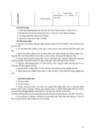 Chlamydiales Chlamydiales
C. trachomatis, C.
pneumoniae, C. psittaci, C.
pecorum
-Câu hỏi ôn tập:
1. Trình bày phương pháp làm tiêu bản (soi tươi, nhuộm màu) soi kính hiển vi.
2. Kể tên một số loại môi trường nuôi cấy vi sinh vật và tác dụng của chúng.
3. Các dạng hình thái chính của vi khuẩn.
4. Cấu trúc cơ bản của tế bào vi khuẩn.
-Tài liệu tham khảo:
1. Nguyễn Lân Dũng, Nguyễn Đình Quyến, Phạm Văn Ty (2000). Nhà xuất bản giáo
dục Hà Nội.
2. Vũ Thị Minh Đức (2001). Thực tập vi sinh vật học. Nhà xuất bản Đại Học Quốc Gia
Hà
3. Biền Văn Minh, Phạm Văn Ty, Kiều Hữu ảnh, Phạm Hồng Sơn, Phạm Ngọc Lan,
Nguyễn Thị Thu Thủy (2006). Giáo trình vi sinh vật học. Nhà xuất bản Đại học Huế.
4. Hoàng Thủy Nguyên, Đặng Đức Trạch, Ninh Đức Dự, Nguyễn Hồng Điệt, Nguyễn
Thị Kê, Nguyễn Thị Oanh (1974). Vi sinh y học tập I. Nhà xuất bản Y học Hà Nội.
5. Nguyễn Vĩnh Phước(1976). Vi sinh vật học Thú y tập III. Nhã xuất bản đại học và
trung học chuyên nghiệp Hà Nội.
6. Nguyễn Khắc Tuấn(1999). Vi sinh vật học, nhà xuất bản nông nghiệp Hà Nội.
7. Phạm Hồng Sơn (2002). Giáo trình vi sinh vật thú y. Nhà xuất bản Nông nghiệp Hà
Nội.
-Giải thích thuật ngữ:
1. Nucleus: nhân
2. Genom: bộ gen
3. Gram: Christian Gram nhà khoa học người Đan Mạch phát hiện ra phương pháp
nhuộm màu tế bào vi khuẩn. Thông qua nhuộm Gram vi khuẩn được phân làm hai nhóm:
Gram dương (bắt màu tím khi được nhuộm màu kép tím sinh thể và fuschin)
Gram âm (không bắt màu tím nhưng bắt màu đỏ hồng khi nhuộm kép tím sinh thể và fuschin)
4. Mycoplasma: là nhóm vi khuẩn có kích thước nhỏ nhất, đặc biệt không có vách tế
bào. Chúng sống ký sinh ở động vật và côn trùng.
41
 