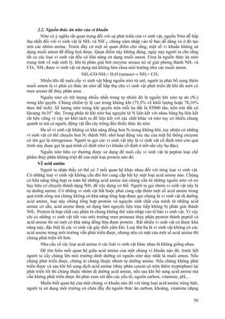2.2. Nguồn thức ăn nitơ của vi khuẩn
Nitơ có ý nghĩa rất quan trọng đối với sự phát triển của vi sinh vật, nguồn Nitơ dễ hấp
thụ nhất đối với vi sinh vật là NH3 và NH+
4, chúng xâm nhập vào tế bào dễ dàng và ở đó tạo
nên các nhóm amine. Trước đây có một số quan điểm cho rằng, một số vi khuẩn không sử
dụng muối amon để đồng hoá được. Quan điểm này không đúng, ngày nay người ta cho rằng
tất cả các loại vi sinh vật đều có khả năng sử dụng muối amon. Urea là nguồn thức ăn nitơ
trung tính về mặt sinh lý, khi bị phân giải bởi enzyme urease nó sẽ giải phóng thành NH3 và
CO2. NH3 được vi sinh vật sử dụng mà không làm chua môi trường như các muối amon.
NH2-CO-NH2+ H2O (urease)→ NH3+ CO2
Nhiều khi để nuôi cấy vi sinh vật bằng nguồn nitơ từ urê, người ta phải bổ sung thêm
muối amon là vì phải có thức ăn nitơ dễ hấp thụ cho vi sinh vật phát triển đã khi đó mới có
men urease để thủy phân urea.
Nguồn nitơ có trữ lượng nhiều nhất trong tự nhiên đó là nguồn khí nitơ tự do (N2)
trong khí quyển. Chúng chiếm tỷ lệ cao trong không khí (75,5% về khối lượng hoặc 78,16%
theo thể tích). Số lượng nitơ trong khí quyển trên mỗi ha đất là 85000 tấn, trên trái đất có
khoảng 4x1015
tấn. Trong phân tử khí nitơ hai nguyên tử N liên kết với nhau bằng ba liên kết
rất bền vững vì vậy nó khó tách ra để liên kết với các chất khác và nitơ tuy có nhiều chung
quanh ta mà cả người, động vật lẫn cây trồng đều thiếu thức ăn nitơ.
Đa số vi sinh vật không có khả năng đồng hoá N2 trong không khí, tuy nhiên có những
vi sinh vật có thể chuyển hoá N2 thành NH3 nhờ hoạt động xúc tác của một hệ thống enzyme
có tên gọi là nitrogenase. Người ta gọi các vi sinh vật này là vi sinh vật cố định nitơ còn quá
trình này đuợc gọi là quá trình cố định nitơ (vi khuẩn cố định ở nốt sần cây họ đậu).
Nguồn nitơ hữu cơ thường được sử dụng để nuôi cấy vi sinh vật là pepton loại chế
phẩm thủy phân không triệt để của một loại protein nào đó.
Về acid amine
Người ta nhận thấy có thể có 3 mối quan hệ khác nhau đối với từng loại vi sinh vật.
Có những loại vi sinh vật không cần đòi hỏi cung cấp bất kỳ một loại acid amine nào. Chúng
có khả năng tổng hợp ra toàn bộ những acid amine mà chúng cần từ những nguồn nitơ vô cơ
hay hữu cơ chuyển thành dạng NH3 để xây dựng cơ thể. Người ta gọi nhóm vi sinh vật này là
tự dưỡng amine. Có những vi sinh vật bắt buộc phải cung cấp thêm một số acid amine trong
quá trình sống mà chúng không có khả năng tổng hợp được gọi chúng là vi sinh vật dị dưỡng
acid amine, loại này chúng tổng hợp protein và nguyên sinh chất của mình từ những acid
amine có sẵn, acid amine được sử dụng làm nguyên liệu trực tiếp không bị phân giải thành
NH3. Protein là hợp chất cao phân tử chúng không thể xâm nhập vào tế bào vi sinh vật. Vì vậy
chỉ có những vi sinh vật tiết vào môi trường men protease thủy phân protein thành peptid và
acid amine thì nó mới có khả năng đồng hóa được protein . Rất nhiều vi sinh vật có được khả
năng này, đặc biệt là các vi sinh vật gây thối yếm khí. Loại thứ ba là vi sinh vật không có các
acid amine trong môi trường vẫn phát triển được, nhưng nếu có mặt của một số acid amine thì
chúng phát triển tốt hơn.
Nhu cầu về các loại acid amine ở các loài vi sinh vật khác nhau là không giống nhau.
Để tìm hiểu mối quan hệ giữa acid amine của một chủng vi khuẩn nào đó, trước hết
người ta cấy chúng lên môi trường dinh dưỡng có nguồn nitơ duy nhất là muối amon. Nếu
chúng phát triển được, chứng tỏ chúng thuộc nhóm tự dưỡng amine. Nếu chúng không phát
triển được và sau khi bổ sung dịch acid amine (thủy phân casein có trộn thêm tryptophan) lại
phát triển tốt thì chúng thuộc nhóm dị dưỡng acid amine, nếu sau khi bổ sung acid amine mà
vẫn không phát triển được thì phải xem xét đến các yếu tố, nguồn carbon, vitamine, pH,...
Muốn biết quan hệ của một chủng vi khuẩn nào đó với từng loại acid amine riêng bịêt,
người ta sử dụng môi trường có chứa đầy đủ nguồn thức ăn carbon, khoáng, vitamine (dạng
50
 