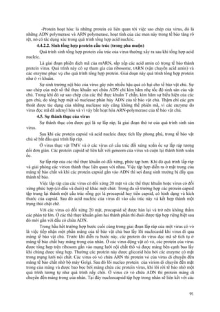 -Protein hoạt hóa: là những protein có liên quan tới việc sao chép của virus, đó là
những ADN polymerase và ARN polymerase, hoạt tính của các men này trong tế bào tăng rõ
rệt, nó có tác dụng xúc trong quá trình tổng hợp acid nucleic.
4.4.2.2. Sinh tổng hợp protein cấu trúc (trong pha muộn)
Quá trình sinh tổng hợp protein cấu trúc của virus thường xẩy ra sau khi tổng hợp acid
nucleic.
Là giai đoạn phiên dịch mã của mARN, sắp xếp các acid amin có trong tế bào thành
protein virus. Quá trình này có sự tham gia của ribosome, tARN (vận chuyển acid amin) và
các enzyme phục vụ cho quá trình tổng hợp protein. Giai đoạn này quá trình tổng hợp protein
như ở vi khuẩn.
Sự sinh trưởng nội bào của virus gây nên nhiều hậu quả có hại cho tế bào vật chủ. Sự
sao chép của một số thể thực khuẩn sợi chứa ADN chỉ kìm hãm nhẹ tốc độ sinh sản của vật
chủ. Trong khi đó sự sao chép của các thể thực khuẩn T chẵn, kìm hãm sự biểu hiện của các
gen chủ, do tổng hợp một số nuclease phân hủy ADN của tế bào vật chủ. Thậm chí các gen
thoát được tác dụng của những nuclease này cũng không thể phiên mã, vì các enzyme do
virus đọc mã đã adenyl hóa và vì vậy bất hoạt hóa ARN-polymerase của tế bào vật chủ.
4.5. Sự thành thục của virus
Sự thành thục còn được gọi là sự lắp ráp, là giai đoạn thứ tư của quá trình sinh sản
virus.
Sau khi các protein capsid và acid nucleic được tích lũy phong phú, trong tế bào vật
chủ sẽ bắt đầu quá trình lắp ráp.
Ở virus thực vật TMV và ở các virus có cấu trúc đối xứng xoắn ốc sự lắp ráp tương
đối đơn giản. Các protein capsid sẽ liên kết với geneom của virus và cuộn lại thành hình xoắn
ốc.
Sự lắp ráp của các thể thực khuẩn có đối xứng, phức tạp hơn. Khi đó quá trình lắp ráp
và giải phóng các virion thành thục liên quan với nhau. Việc tập hợp diễn ra ở mặt trong của
màng tế bào chất và khi các protein capsid gắn vào ADN thì sợi đang sinh trưởng bị đẩy qua
thành tế bào.
Việc lắp ráp của các virus có đối xứng 20 mặt và các thể thực khuẩn hoặc virus có đối
xứng phức hợp (có đầu và đuôi) sẽ khác một chút. Trong đa số trường hợp các protein capsid
tập trung lại thành một cấu trúc rỗng gọi là procapsid hay tiền capsid, có hình dạng và kích
thước của capsid. Sau đó acid nucleic của virus đi vào cấu trúc này và kết hợp thành một
trạng thái chặt chẽ.
Với các virus có đối xứng 20 mặt, procapsid sẽ được hàn lại và trở nên không thấm
các phân tử lớn. Ở các thể thực khuẩn gồm hai thành phần thì đuôi được tập hợp riêng biệt sau
đó mới gắn với đầu có chứa ADN.
Trong hầu hết trường hợp bước cuối cùng trong giai đoạn lắp ráp của một virus có vỏ
là việc tiếp nhận một phần màng của tế bào vật chủ bao lấy lõi nuclecasid khi virus đi qua
màng tế bào vật chủ. Trước khi diễn ra bước này, các protein do virus đọc mã sẽ tích tụ ở
màng tế bào chất hay màng trong của nhân. Ở các virus động vật có vỏ, các protein của virus
được tổng hợp trên ribosom gắn vào mạng lưới nội chất thô và được màng bên cạnh bao lấy
khi chúng được tổng hợp. Thường các protein này được glicozid hóa bởi các enzyme có mặt
trong mạng lưới nội chất. Các virus có vỏ chứa ARN thì protein vỏ của virus di chuyển đến
màng tế bào chất nhờ bộ máy Golgi. Sau đó lõi nucleo protein của virion di chuyển đến mặt
trong của màng và được bao bọc bởi màng chứa các protein virus, khi lõi rời tế bào nhờ một
quá trình tương tự như quá trình nẩy chồi. Ở virus có vỏ chứa ADN thì protein màng di
chuyển đến màng trong của nhân. Tại đây nucleocapsid tập hợp trong nhân sẽ liên kết với các
91
 