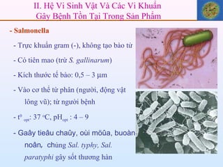 - Salmonella - Trực khuẩn gram (-), không tạo bào tử - Có tiên mao (trừ  S. gallinarum ) - Kích thước tế bào: 0,5 – 3   m  - Vào cơ thể từ phân (người, động vật  lông vũ); từ người bệnh   - t 0   opt :   37   o C, pH opt  :   4 – 9 - Gaây tieâu chaûy, oùi möûa, buoàn noân ,  ch ủng  Sal. typhy, Sal. paratyphi  gây sốt thương hàn II. Hệ Vi Sinh Vật Và Các Vi Khuẩn  Gây Bệnh Tồn Tại Trong Sản Phẩm 