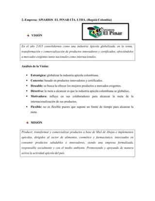2.-Empresa: APIARIOS EL PINAR CÍA. LTDA. (Bogotá-Colombia)




        VISIÓN


En el año 2.015 consolidarnos como una industria Apícola globalizada, en la venta,
transformación y comercialización de productos innovadores y certificados, ofreciéndolos
a mercados exigentes tanto nacionales como internacionales.


Análisis de la Visión:

      Estratégica: globalizar la industria apícola colombiana.
      Concreta: basado en productos innovadores y certificados.
      Deseable: se busca la ofrecer los mejores productos a mercados exigentes.
      Directiva: la meta a alcanzar es que la industria apícola colombiana se globalice.
      Motivadora: influye en sus colaboradores para alcanzar la meta de la
       internacionalización de sus productos.
      Flexible: no es flexible puesto que supone un límite de tiempo para alcanzar la
       meta.


       MISIÓN


Producir, transformar y comercializar productos a base de Miel de Abejas e implementos
apícolas, dirigidos al sector de alimentos, cosmético y farmacéutico, interesados en
consumir productos saludables e innovadores, siendo una empresa formalizada,
responsable socialmente y con el medio ambiente. Promoviendo y apoyando de manera
activa la actividad apícola del país
 