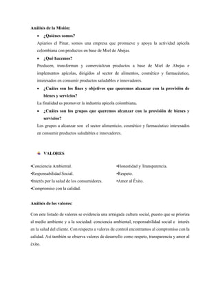 Análisis de la Misión:
         ¿Quiénes somos?
   Apiarios el Pinar, somos una empresa que promueve y apoya la actividad apícola
   colombiana con productos en base de Miel de Abejas.
         ¿Qué hacemos?
   Producen, transforman y comercializan productos a base de Miel de Abejas e
   implementos apícolas, dirigidos al sector de alimentos, cosmético y farmacéutico,
   interesados en consumir productos saludables e innovadores.
         ¿Cuáles son los fines y objetivos que queremos alcanzar con la provisión de
         bienes y servicios?
   La finalidad es promover la industria apícola colombiana.
         ¿Cuáles son los grupos que queremos alcanzar con la provisión de bienes y
         servicios?
   Los grupos a alcanzar son el sector alimenticio, cosmético y farmacéutico interesados
   en consumir productos saludables e innovadores.



         VALORES

•Conciencia Ambiental.                            •Honestidad y Transparencia.
•Responsabilidad Social.                          •Respeto.
•Interés por la salud de los consumidores.        •Amor al Éxito.
•Compromiso con la calidad.


Análisis de los valores:

Con este listado de valores se evidencia una arraigada cultura social, puesto que se prioriza
al medio ambiente y a la sociedad: conciencia ambiental, responsabilidad social e interés
en la salud del cliente. Con respecto a valores de control encontramos al compromiso con la
calidad. Así también se observa valores de desarrollo como respeto, transparencia y amor al
éxito.
 