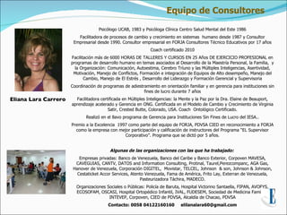 Equipo de Consultores
                                    Psicólogo UCAB, 1983 y Psicóloga Clínica Centro Salud Mental del Este 1986
                         Facilitadora de procesos de cambio y crecimiento en sistemas humano desde 1987 y Consultor
                       Empresarial desde 1990. Consultor empresarial en FORJA Consultores Técnico Educativos por 17 años
                                                              Coach certificado 2010
                      Facilitación más de 6000 HORAS DE TALLERES Y CURSOS EN 25 Años DE EJERCICIO PROFESIONAL en
                      programas de desarrollo humano en temas asociados al Desarrollo de la Maestría Personal, la Familia, y
                        la Organización: Comunicación, Autoestima, Cerebro Tríuno y las Múltiples Inteligencias, Asertividad,
                       Motivación, Manejo de Conflictos, Formación e integración de Equipos de Alto desempeño, Manejo del
                             Cambio, Manejo de El Estrés , Desarrollo del Liderazgo y Formación Gerencial y Supervisoria
                      Coordinación de programas de adiestramiento en orientación familiar y en gerencia para instituciones sin
                                                          fines de lucro durante 7 años
Eliana Lara Carrero     Facilitadora certificada en Múltiples Inteligencias: la Mente y la Paz por la Dra. Elaine de Beauport,
                      aprendizaje acelerado y Gerencia en ONG. Certificada en el Modelo de Cambio y Crecimiento de Virginia
                                         Satir, Crested Butte, Colorado, USA. Coach Ontológico Certificado.
                             Realizó en el 8avo programa de Gerencia para Instituciones Sin Fines de Lucro del IESA..
                      Premio a la Excelencia 1997 como parte del equipo de FORJA, PDVSA CIED en reconocimiento a FORJA
                        como la empresa con mejor participación y calificación de instructores del Programa “EL Supervisor
                                                Corporativo”. Programa que se dictó por 5 años.


                                          Algunas de las organizaciones con las que ha trabajado:
                          Empresas privadas: Banco de Venezuela, Banco del Caribe y Banco Exterior, Corpoven MAVESA,
                        CAVEGUIAS, CANTV, DATOS and Information Consulting, Protinal, Taurel,Perezcompanc, AGA Gas,
                       Hanover de Venezuela, Corporación DIGITEL, Movistar, TELCEL, Johnson & son, Johnson & Johnson,
                         Cestaticket Accor Services, Atento Venezuela, Fama de América, Frito Lay, Exterran de Venezuela,
                                                         Pasteurizadora Táchira, MADECO.
                        Organizaciones Sociales o Públicas: Policía de Baruta, Hospital Victorino Santaella, FIPAN, AVOFYS,
                        ECOSOFAM, OSCASI, Hospital Ortopédico Infantil, IVAL, FUDESEM, Sociedad de Medicina Familiar,
                                        INTEVEP, Corpoven, CIED de PDVSA, Alcaldía de Chacao, PDVSA
                                         Contacto: 0058 04122160160           elilanalara60@gmail.com
 