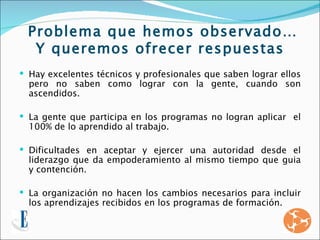 Problema que hemos observado…
  Y queremos ofrecer respuestas
 Hay excelentes técnicos y profesionales que saben lograr ellos
  pero no saben como lograr con la gente, cuando son
  ascendidos.

 La gente que participa en los programas no logran aplicar el
  100% de lo aprendido al trabajo.

 Dificultades en aceptar y ejercer una autoridad desde el
  liderazgo que da empoderamiento al mismo tiempo que guia
  y contención.

 La organización no hacen los cambios necesarios para incluir
  los aprendizajes recibidos en los programas de formación.
 