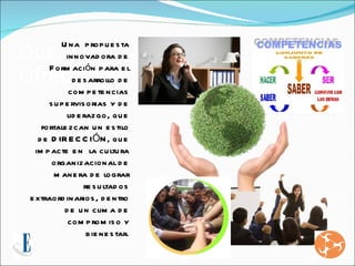 Que
           U na p rop u e s ta
             innovad ora d e
       F orm ación p ara e l
Ofrecemos       d e s arrollo d e
              com p e te ncias
       s u p e rvis orias y d e
              lid e razgo, qu e
     fortale zcan u n e s tilo
    d e D IR E C C IÓN , q u e
   im p acte e n la cu ltu ra
        organizacional d e
         m ane ra d e lograr
                    re s u ltad os
 e xtraord inarios , d e ntro
             d e u n clim a d e
              com p rom is o y
                     b ie ne s tar.
 