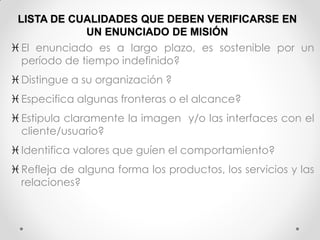 LISTA DE CUALIDADES QUE DEBEN VERIFICARSE EN UN ENUNCIADO DE MISIÓN 
El enunciado es a largo plazo, es sostenible por un período de tiempo indefinido? 
Distingue a su organización ? 
Especifica algunas fronteras o el alcance? 
Estipula claramente la imagen y/o las interfaces con el cliente/usuario? 
Identifica valores que guíen el comportamiento? 
Refleja de alguna forma los productos, los servicios y las relaciones?  