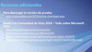 Recursos adicionales
• Para descargar la versión de prueba:
• http://visiotoolbox.com/2010/es/trial-downloads.aspx
• Únete a la Comunidad de Visio 2010 – Todo sobre Microsoft
Visio
• http://blogs.technet.com/b/msvisio2010
• http://www.youtube.com/user/MSVisio2010
• http://www.linkedin.com/groups?mostPopular=&gid=3626678
• http://www.facebook.com/group.php?gid=105387076184504&v=wall
 