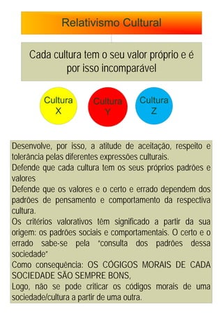 Cada cultura tem o seu valor próprio e é
             por isso incomparável




Desenvolve, por isso, a atitude de aceitação, respeito e
tolerância pelas diferentes expressões culturais.
Defende que cada cultura tem os seus próprios padrões e
valores
Defende que os valores e o certo e errado dependem dos
padrões de pensamento e comportamento da respectiva
cultura.
Os critérios valorativos têm significado a partir da sua
origem: os padrões sociais e comportamentais. O certo e o
errado sabe-se pela “consulta dos padrões dessa
sociedade”
Como consequência: OS CÓGIGOS MORAIS DE CADA
SOCIEDADE SÃO SEMPRE BONS,
Logo, não se pode criticar os códigos morais de uma
sociedade/cultura a partir de uma outra.
 
