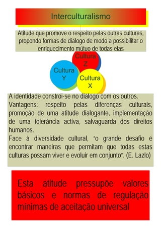 Atitude que promove o respeito pelas outras culturas,
   propondo formas de diálogo de modo a possibilitar o
            enriquecimento mútuo de todas elas




A identidade constrói-se no diálogo com os outros.
Vantagens: respeito pelas diferenças culturais,
promoção de uma atitude dialogante, implementação
de uma tolerância activa, salvaguarda dos direitos
humanos.
Face à diversidade cultural, “o grande desafio é
encontrar maneiras que permitam que todas estas
culturas possam viver e evoluir em conjunto”. (E. Lazlo)



   Esta atitude pressupõe valores
   básicos e normas de regulação
   mínimas de aceitação universal
 