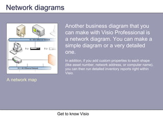 Get to know Visio
Network diagrams
Another business diagram that you
can make with Visio Professional is
a network diagram. You can make a
simple diagram or a very detailed
one.
In addition, if you add custom properties to each shape
(like asset number, network address, or computer name),
you can then run detailed inventory reports right within
Visio.
A network map
 
