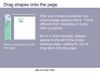Get to know Visio
Drag shapes onto the page
After you choose a template, the
drawing page appears blank. This is
different from templates in many
other programs.
But in a Visio template, shapes
appear to the left of the empty
drawing page—waiting for you to
drag them onto the page.
How to drag shapes onto
the page
 