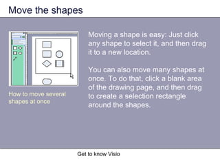 Get to know Visio
Moving a shape is easy: Just click
any shape to select it, and then drag
it to a new location.
You can also move many shapes at
once. To do that, click a blank area
of the drawing page, and then drag
to create a selection rectangle
around the shapes.
How to move several
shapes at once
Move the shapes
 