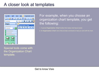 Get to know Visio
A closer look at templates
For example, when you choose an
organization chart template, you get
the following:
Special tools come with
the Organization Chart
template.
1. A special Organization Chart toolbar that makes chart layout easier.
2. An Organization Chart menu that provides commands to help you work with the chart.
 