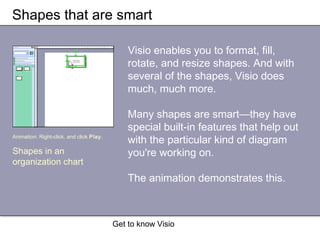 Get to know Visio
Shapes that are smart
Visio enables you to format, fill,
rotate, and resize shapes. And with
several of the shapes, Visio does
much, much more.
Many shapes are smart—they have
special built-in features that help out
with the particular kind of diagram
you're working on.
The animation demonstrates this.
Animation: Right-click, and click Play.
Shapes in an
organization chart
 