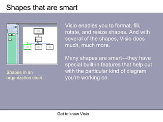Get to know Visio
Shapes that are smart
Shapes in an
organization chart
Visio enables you to format, fill,
rotate, and resize shapes. And with
several of the shapes, Visio does
much, much more.
Many shapes are smart—they have
special built-in features that help out
with the particular kind of diagram
you're working on.
 