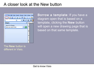 Get to know Visio
A closer look at the New button
Borrow a template: If you have a
diagram open that is based on a
template, clicking the New button
will open a new drawing page that is
based on that same template.
The New button is
different in Visio.
 