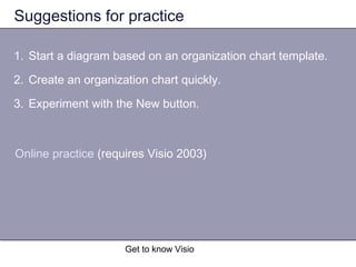 Get to know Visio
Suggestions for practice
1. Start a diagram based on an organization chart template.
2. Create an organization chart quickly.
3. Experiment with the New button.
Online practice (requires Visio 2003)
 