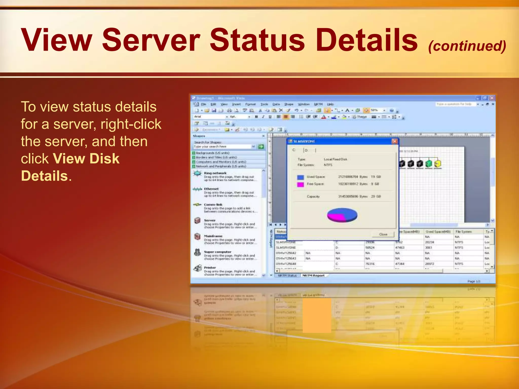 Monitoring StatusAfter monitoring starts, you see disk space status in the diagram. Server icons are color coded.