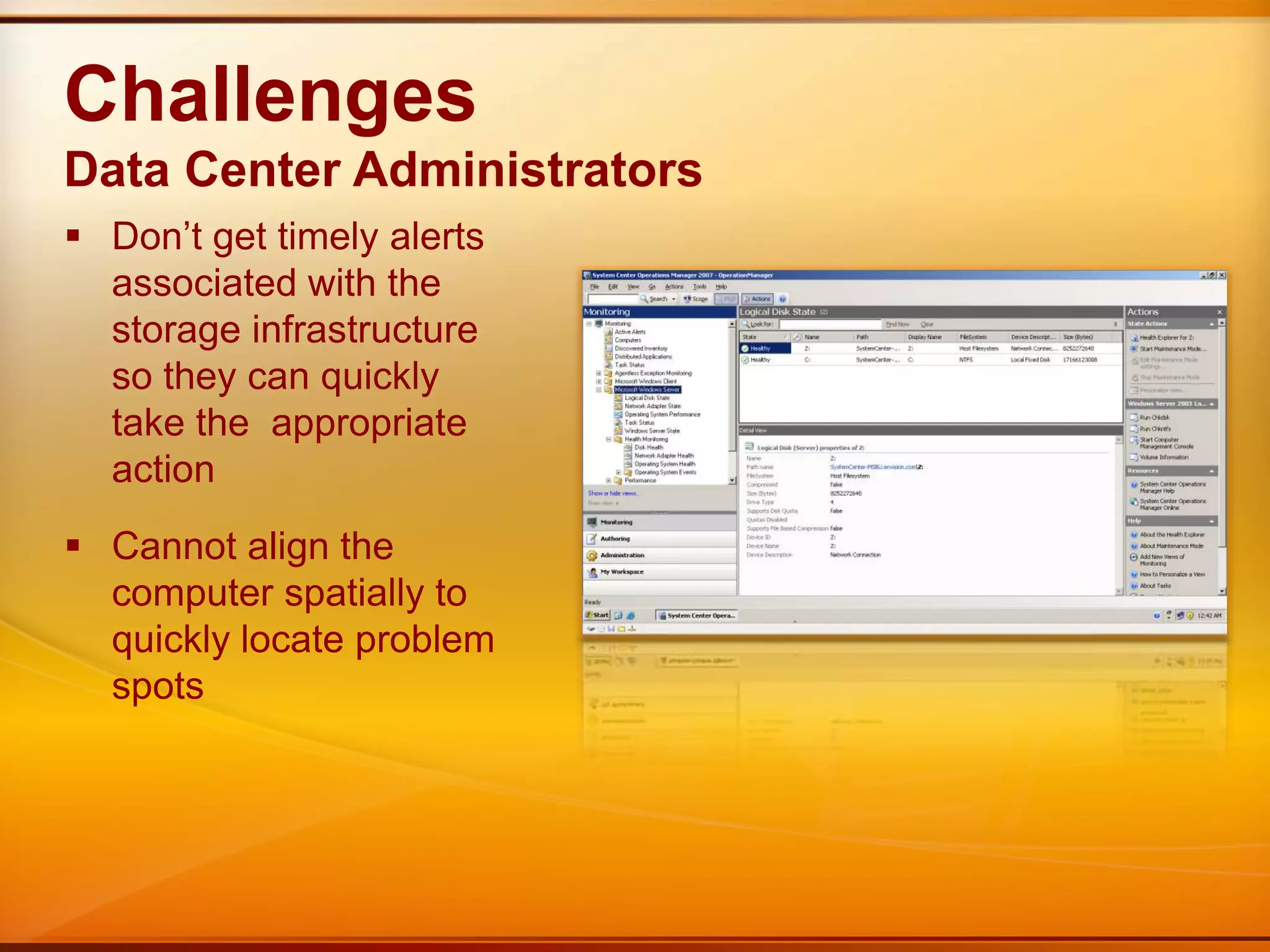 ChallengesData Center AdministratorsDon’t get timely alerts associated with the storage infrastructure so they can quickly take the  appropriate action
