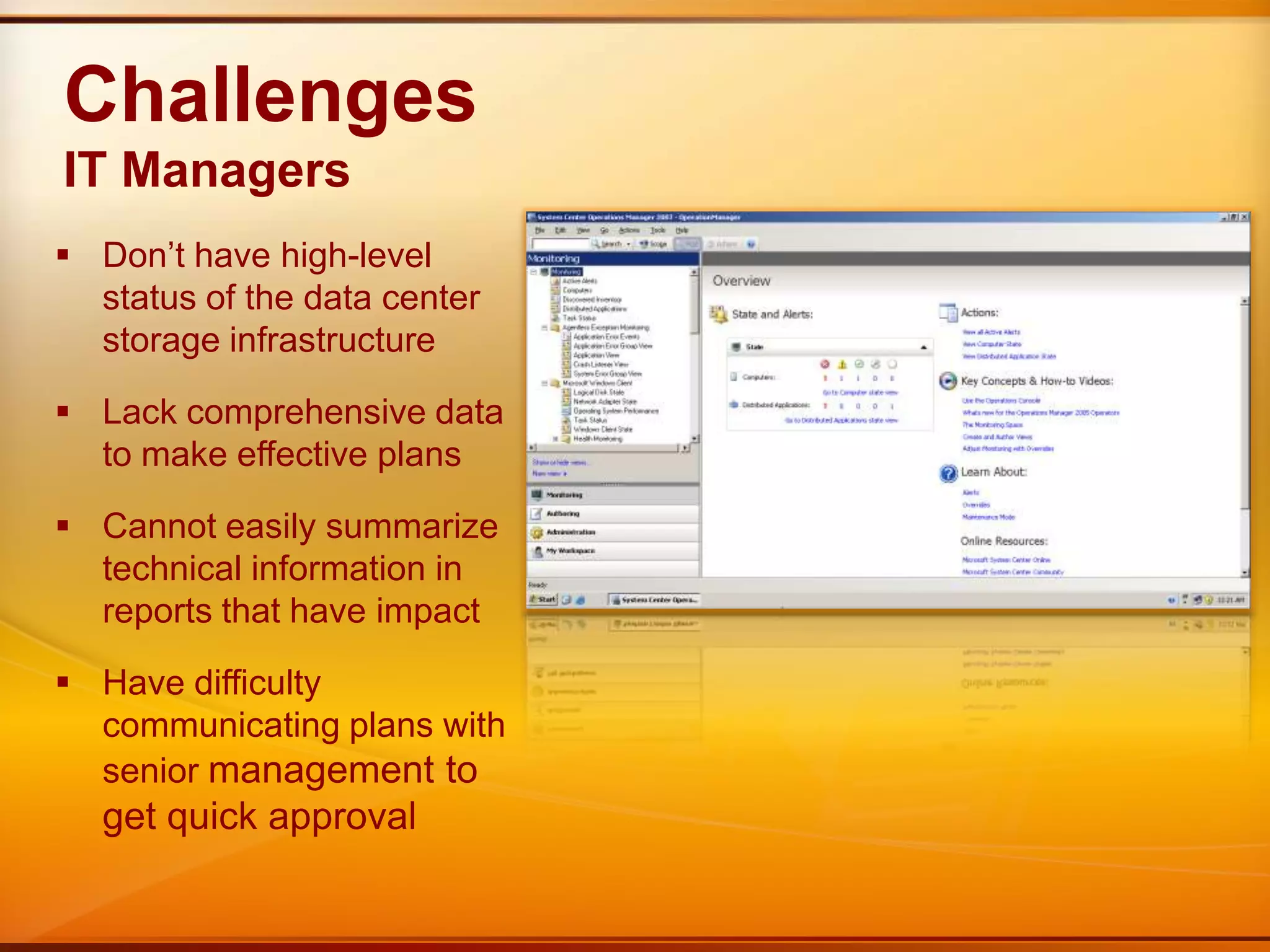 Cannot align the computer spatially to quickly locate problem spotsChallengesIT ManagersDon’t have high-level status of the data center storage infrastructure