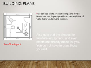 BUILDING PLANS
•You can also create precise building plans inVisio.
Notice that this diagram provides an overhead view of
walls, doors, windows, and furniture.
Also note that the shapes for
furniture, equipment, and even
plants are already made for you.
You do not have to draw these
yourself.
An office layout
 