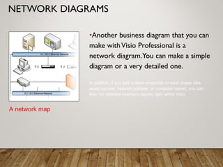 NETWORK DIAGRAMS
•Another business diagram that you can
make withVisio Professional is a
network diagram.You can make a simple
diagram or a very detailed one.
In addition, if you add custom properties to each shape (like
asset number, network address, or computer name), you can
then run detailed inventory reports right within Visio.
A network map
 