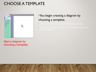 CHOOSE A TEMPLATE
•You begin creating a diagram by
choosing a template.
Start a diagram by
choosing a template.
• After you choose a template, a blank drawing page appears.
• To the left of that page, a collection of shapes appears that you can
use in the diagram.
 