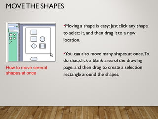 MOVE THE SHAPES
•Moving a shape is easy: Just click any shape
to select it, and then drag it to a new
location.
•You can also move many shapes at once.To
do that, click a blank area of the drawing
page, and then drag to create a selection
rectangle around the shapes.
How to move several
shapes at once
 