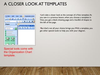 A CLOSER LOOK AT TEMPLATES
•Let’s take a closer look at the concept of aVisio template.As
you saw in a previous lesson, when you choose a template in
Visio, you get a blank drawing page and a handful of shapes to
the left of the page.
•But that's not all your choice brings you.With a template, you
get other special tools to help you with your diagram.
Special tools come with
the Organization Chart
template.
 