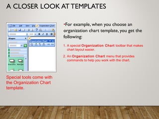 A CLOSER LOOK AT TEMPLATES
•For example, when you choose an
organization chart template, you get the
following:
Special tools come with
the Organization Chart
template.
1. A special Organization Chart toolbar that makes
chart layout easier.
2. An Organization Chart menu that provides
commands to help you work with the chart.
 