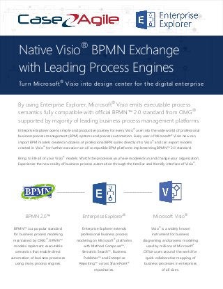 By using Enterprise Explorer, Microsoft®
Visio emits executable process
semantics fully compatible with official BPMN™ 2.0 standard from OMG®
supported by majority of leading business process management platforms.
Enterprise Explorer opens simple and productive journey for every Visio®
user into the wide world of professional
business process management (BPM) systems and process automation. Every user of Microsoft®
Visio now can
import BPM models created in dozens of professional BPM suites directly into Visio®
and can export models
created in Visio®
for further execution on all compatible BPM platforms implementing BPMN™ 2.0 standard.
Bring to life all of your Visio®
models. Watch the processes you have modeled run and change your organization.
Experience the new reality of business process automation through the familiar and friendly interface of Visio®
.
BPMN 2.0™ Enterprise Explorer®
Microsoft Visio®
BPMN™ is a popular standard
for business process modeling
maintained by OMG®
. BPMN™
models implement executable
semantics that enable direct
automation of business processes
using many process engines.
Enterprise Explorer extends
professional business process
modeling on Microsoft®
platforms
with Method Composer™,
Semantic Search™, Business
Publisher™ and Enterprise
Reporting™ across SharePoint®
repositories.
Visio®
is a widely known
instrument for business
diagraming and process modeling
used by millions of Microsoft®
Office users around the world for
quick collaborative mapping of
business processes in enterprises
of all sizes.
Native Visio®
BPMN Exchange
with Leading Process Engines
Turn Microsoft®
Visio into design center for the digital enterprise
 
