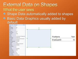 What the user sees
  Shape Data automatically added to shapes
  Basic Data Graphics usually added by
  default
 